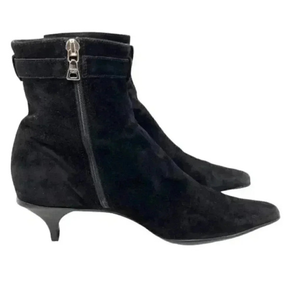 Prada Black Suede Pointed Toe French Kitten Heel Side Zip Ankle Boots Size 8 - Picture 12 of 15